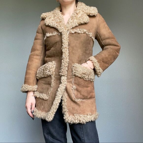 Vintage Womens Cottagecore Brown Tan Shearling Warm Winter Leather Jacket XS - Picture 2 of 10